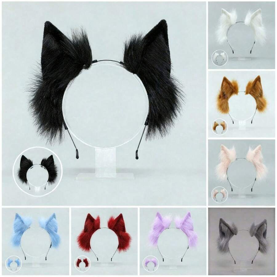 可调节猫耳发箍，可爱狐狸耳头饰，洛丽塔角色扮演头饰，蓬松日式发饰，JK角色扮演发箍 - 彩色 - 查看 1
