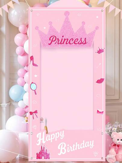 1 peça de moldura para foto de aniversário de princesa rosa, acessórios para cabine de fotos estilo coroa rosa, fundo de pano para fotografia de aniversário rosa, suprimentos para decoração de festa de aniversário de princesa rosa, decoração de fundo para foto de festa de aniversário de princesa rosa, suprimentos para festa de feliz aniversário, decorações de princesa rosa, decoração de aniversário, lembrancinhas