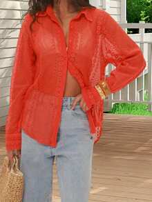 Women Sheer Lace Blouse Loose Casual Long Sleeve Button-Up Collared Shirts For Spring Fall - Orange-red - View 3