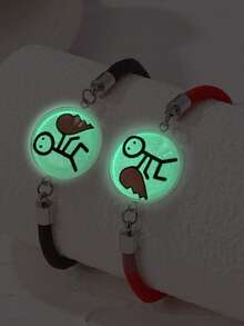 1 Pair Of European And American Fashion Sun Moon Stainless Steel Time Gemstone Youth Friend Bracelet Woven Hand Rope Night Light Bracelet