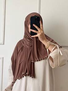 1pc Women's Casual Solid Color Soft Modal Ruffle Trim Headscarf, Conservative Plain Hijab Scarf Suitable For Daily Use For Dress - Coffee Brown - View 2