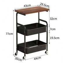 3-Tier Rolling Cart W/Wooden Tabletop, Utility Cart W/Lockable Wheels, Multipurpose Storage Organizer Trolley For Kitchen, Office, Bedroom, Sturdy Metal Frame For Small Spaces - Black - View 4