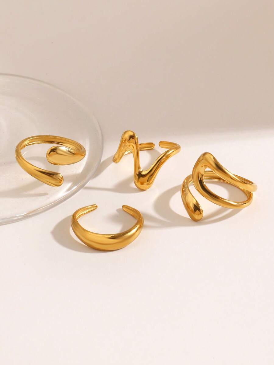 4 件套不锈钢简约 18K 镀金几何线条开口戒指，适合女性日常佩戴 - 彩色 - 查看 1