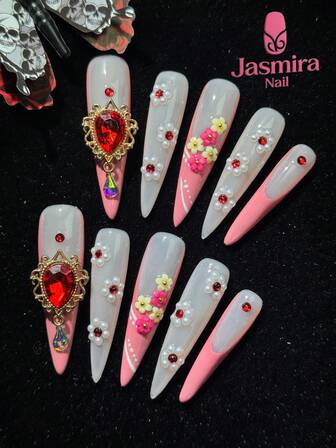 10pcs Handmade Push-On Nail Set, Extra-Long Pointed Stilettos, Suitable For Halloween Nails, Gothic Nails, Christmas And Other Festivals And Autumn Press-On Nails. The Fingertips Exude An Elegant And Luxurious Atmosphere, As If Wearing Exquisite Jewelry. The Pink And White Color Scheme Has Red Gems, Pearls