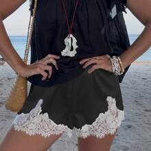Boho Women's Lace Trim Satin Silk Shorts Shiny Elastic Waist Mini Shorts Pettipants Half Slip Shorts French Knickers Boyshorts For Dresses Full Coverage Underwear Lounge Pants - 黑色 - 查看 7