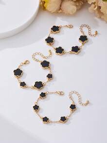 3pcs/Set Gelang Charm Klasik Mewah Berwarna Hitam & Clover untuk Wanita, Dapat Ditumpuk & Serbaguna untuk Musim Gugur/Dingin - Hitam - View 4