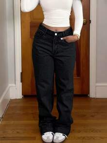 Quần jeans nữ màu đen dáng suông, kiểu dáng retro Y2K đơn sắc, thời trang đa năng cho mùa xuân. - màu đen - Xem 2
