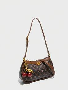 Klassische multifunktionale einfarbige PU wasserdichte Schultertasche, Metallschnallen-Dekor, Unterarmriemen-Design, Kaffeefarbe; Schultertasche mit Allover-Muster und Kirschanhänger-Dekor, Unterarmriemen-Design; Damen Pendlertasche, geeignet für Einkaufen, Pendeln und Ausflüge. - Kaffeebraun - Übersicht 3