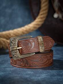 1pc Retro Western Style Personalized Buckle PU Printed Design Unisex Casual Fashion Belt - Patterned Pin Buckle - View 7