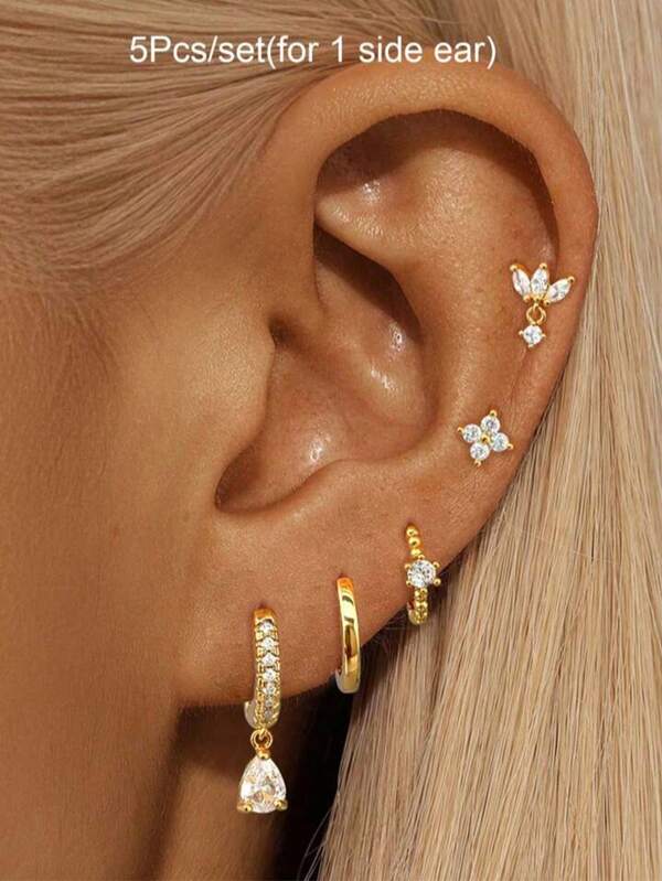 5 Stücke/Set Ohrringe für Frauen, modisch vergoldet mit Zirkonia, Ohrstecker, Creolen, Ohrhänger, Frauen Lässig Glamour Schmuckzubehör
