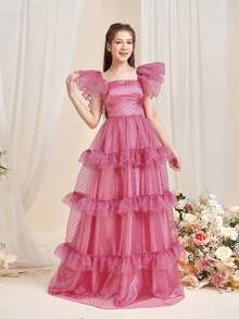 ALISA&LEO A字型正式礼服，方领荷叶边袖：完美适用于宴会、盛会、毕业典礼、慈善活动和颁奖典礼。 - 粉色 - 查看 7