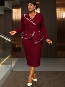 AOMEI Elegant Classy Plus Size Midi Cocktail Dress With V Neck Long Sleeves Ruffle Hem And Delicate Pearl Embellishment Christmas Clothes New Year Dress - Burgundy - View 3