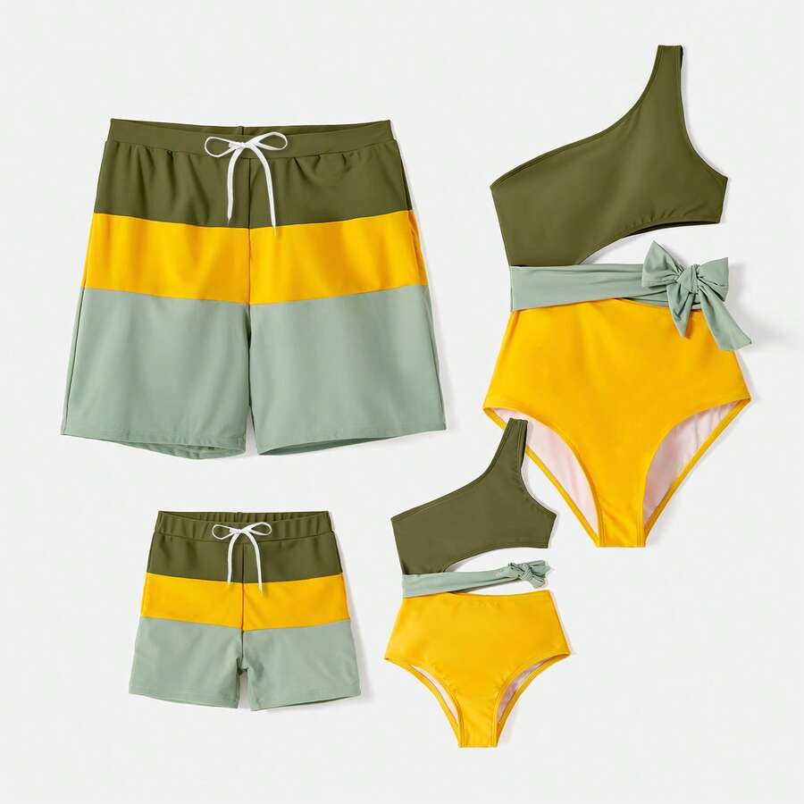 Family Matching Colorblock One Shoulder One-Piece Swimsuit And Swim Trunks - Nhiều màu - Xem 1