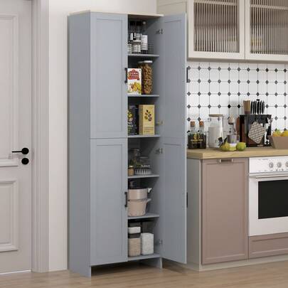  HOMCOM 67" Freestanding Kitchen Pantry, Modern Buffet Cabinet, Storage Cabinet With Adjustable Shelves, 4 Doors, Grey