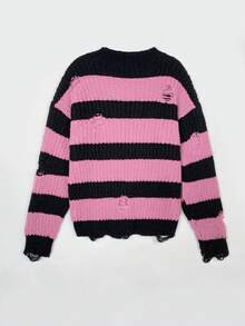 Women's Fashion Colorblock Striped Knit Distressed Pullover Sweater, Suitable For Home, Beach, Autumn/Winter