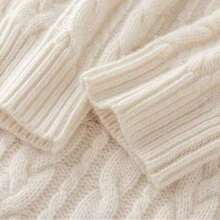 Damen Aprikot strukturiertes Strickkleid, Rundhals Oversized Longpullover, dicker warmer Pullover Strickware für Herbst/Winter - Aprikosenfarben - Übersicht 5