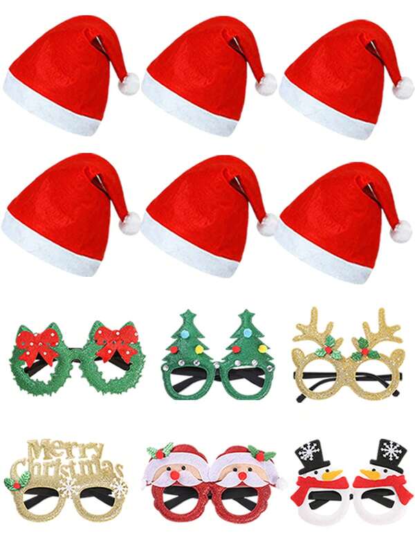 12pcs Santa Hats And Christmas Fun Glasses For Adults And Children, Non-Woven Fabrics Christmas Hat, Novelty Christmas Party Hats, Traditional Red And White,Cute Santa Claus Snowman Christmas Tree Pattern Plastic Decorative Eyeglasses For Christmas New Year Festive Party Supplies Fancy Dress Costume
