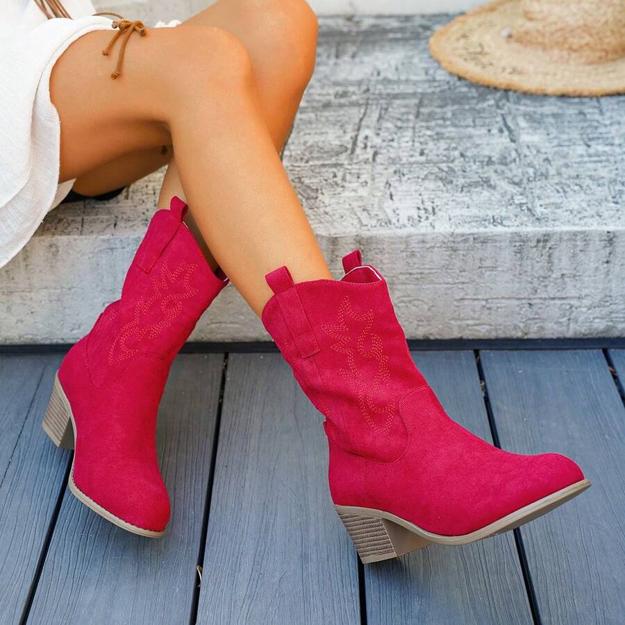 Women's Black Suede Western Ankle Boots With Block Heel - Red - View 1