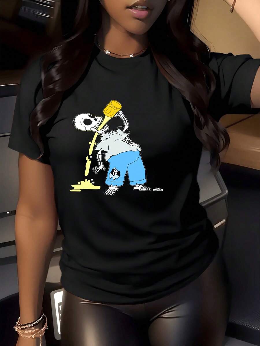 Camiseta divertida Calavera Bebiendo Cerveza Camisa de T 100% algodón talla grande con estampado digital de esqueleto borracho bebiendo cerveza, 1 unidad de 220 gramos. Camiseta de mujer con cuello redondo, diseño casual y divertido. - Negro - Ver 1