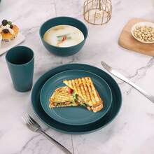 Plastic Plates And Bowls Sets, Dishwasher And Microwave , Reusable, Lightweight Unbreakable Dinnerware Sets 8, 32 Pcs - Kitchen, Camping, Outdoor, RV - Wheat Straw Look - Green1 - View 2