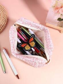 1pc Pink Incensy Design Stationery Storage Bag With Aesthetic Charm For Office And School Supplies Macaron Large Pencil Case Pouch ,INS Stationery Bag, Portable Handheld Pencil Case Bag , Cosmetic Bag