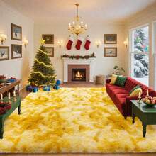 Alfombras grandes de pelo largo (25 x 35 cm), de felpa teñida anudada para sala de estar, ultrasuaves y esponjosas para dormitorio, antideslizantes para interiores, para habitación infantil, decoración del hogar, color negro - Amarillo teñido anudado - Ver 4