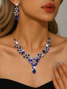 2pcs Luxury Rhinestone Jewelry Set, Including Necklace And Earrings, Blue And Red Colors - 1731 Royal Blue Suit - View 2