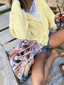 Vivid Style 秋冬新款女装时尚街头宽松条纹针织开衫毛衣外套，街头风，机场，圣诞节，圣诞毛衣，新年 - 黃色 - 查看 3