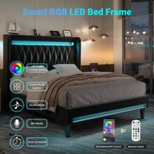 Allewie Upholstered Full/Queen/King Platform Bed Frame With LED Light And Charging Station, Button Tufted High Headboard, Wingback Design, Noise Free, Easy Assembly, No Box Spring Needed, Black - View 2