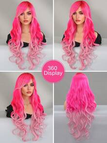 7JHH WIGS 26 Inch Long Body Waves Neon Pink Ombre Wigs For Women Synthetic Wavy Curly Wig With Side-Bangs, Premium Heat Resistant Fiber Full Machine Hair, Anime Costume Wigs For Halloween Mermaid Cosplay Decoration Use - 漸層粉紅色 - 查看 6
