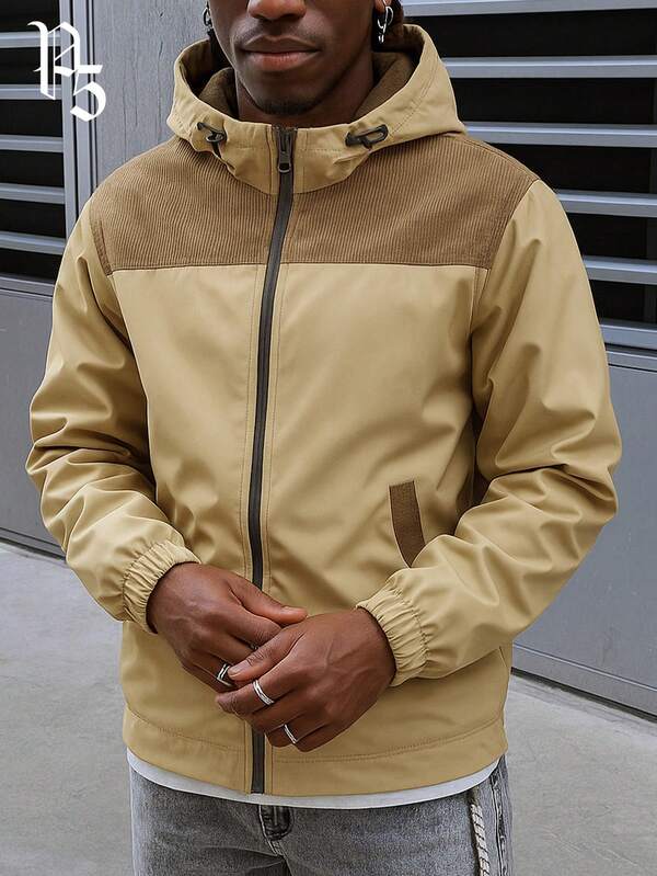 1pc Men's Corduroy Patchwork Hooded Jacket, Suitable For Casual Daily And Office Wear, Autumn/Winter Outerwear