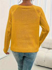Women's Elegant Striped Sweater - Soft Crew Neck Long-Sleeve Pullover With Decorative Buttons, Medium Stretch, Machine-Washable, Comfortable Autumn & Winter Top Suitable For Casual Or Formal Outfits, Cute Sweater - 黃色 - 查看 3