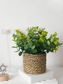 Large Artificial Rattan Planter, Eucalyptus Leaf Straw Shaped, Realistic Plant Model, Seagrass Rope Decor, Gift, Artificial Plant, Straw Pile, Green, PE & Polyester Material, Suitable For Wedding, Graduation Decoration, All Seasons, Perfect Gift Choice - Green - View 11