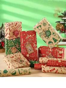 6 Rolls Kraft Christmas Wrapping Paper Set - 19.68x27.55 Inch Sheets! Vintage Retro Style With Santa, Reindeer Patterns For Gift Packaging, Scrapbooking, Xmas Tree Decoration Christmas Pajamas Christmas Decor - Multicolor - View 2