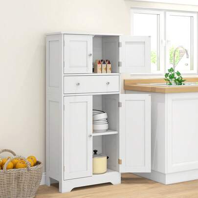  HOMCOM 50.5" Kitchen Pantry Cabinet, Modern Freestanding Buffet Storage Cabinet With 4 Doors, Drawer And Adjustable Shelf, White
