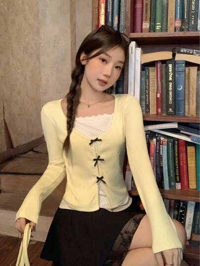 优雅针织面料长袖女式上衣，圆领设计，蝴蝶结装饰，常规下摆