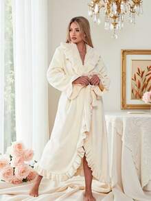 2/1 件女士超柔软荷叶边及踝长羊毛睡袍加厚荷叶边时尚睡袍带侧袋，柔软温暖长浴袍，毛绒水疗长袍休闲长袍家居服睡衣带口袋 - 彩色 - 查看 2