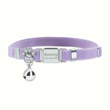1pc Personalized Cat Collar With Engraved Stainless Steel Name Tag, Customizable Name And Phone Number, Elastic Paw Print Collar With Rhinestone Bell Pendant - Multicolor - View 19