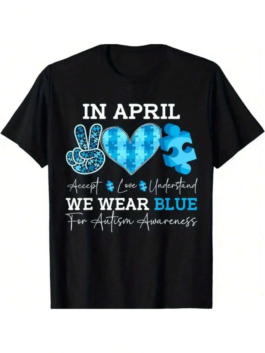 Autism Awareness 'In April We Wear Blue' Youngsters T-Shirt - Soft Cotton, Crew Neck, Short Sleeve With Peace Sign & Puzzle Heart Design - Perfect Gift For Boys & Girls, Casual Wear| Size 120-160, Youngsters's Gift Apparel| Themed Casualwear| Durable Print - màu đen - Xem 1
