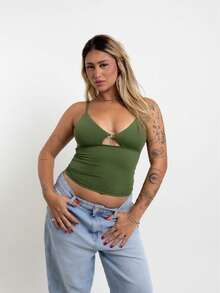 Cropped Tank Top With Plunging Neckline In Polyamide – Thin Straps And Cut-Out Detail | Sexy And Comfortable - 軍綠色 - 查看 1