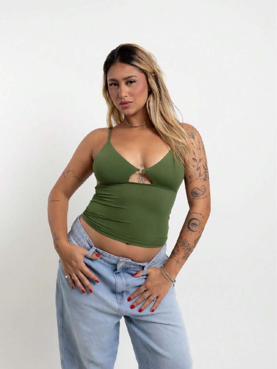 Cropped Tank Top With Plunging Neckline In Polyamide – Thin Straps And Cut-Out Detail | Sexy And Comfortable - 軍綠色 - 查看 1