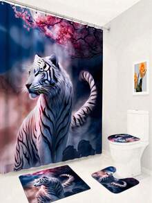 1/3/4 pièces Set de salle de bain avec motif de fleurs de prunier et de tigre, rideau de douche imperméable avec 12 crochets, tapis de bain antidérapant, couvercle de siège de toilette en forme de U, couvercle de siège de toilette, décoration de salle de bain, ensemble de rideaux de salle de bain, accessoires de salle de bain, décoration de Noël
