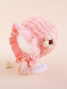 1pc Baby Ruffled Cute Rabbit Ear Knit Beanie, Warm & Soft, Autumn/Winter - Small Flowers - View 9