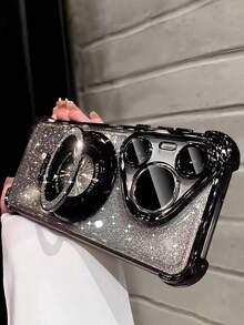 奢华电镀黑色手机壳，创意旋转指环磁吸支架，闪亮水钻风格，防摔防震，新款夏季时尚硅胶软壳保护套，兼容三星 Galaxy S24 S25 Ultra FE A56 A16 4G 5G，兼容小米 Redmi 14C，兼容华为 Honor OPPO Reno Realme MOTO Infinix，男女通用 Y2K 风格 2025 - 黑色 - 查看 4