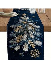 1pc, Hand-Painted Wind Golden Christmas Tree Table Runner Dark Blue Christmas Table Decoration, Suitable For Holiday Catering Machine Washable Tablecloth, Suitable For All Table Sizes. - Blue - View 5