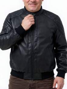 Plus Size Men's PU Jacket, Fashion Motorcycle Jacket, Versatile Classic Style, Suitable For Daily Wear And Dates, Autumn/Winter New Arrival - Black - View 4