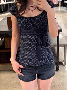 Women Grunge Fairy Top Y2K Tie Bow Polka Dot Cami T-Shirt Vintage Fairycore Scoop Neck Slim Tank Tops Cute Backless Crop Shirt For Summer Streetwear Aesthetic Clothes - 藏蓝色 - 查看 8