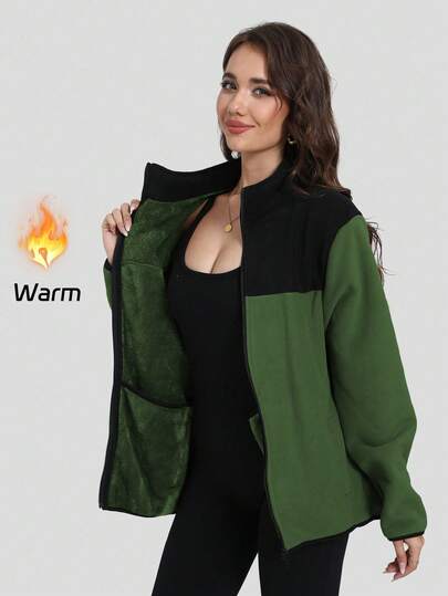 SUPEKYKO 女士冬季羊毛夹克，带内袋的保暖拉链外套，柔软超大号夏尔巴户外夹克（大号）