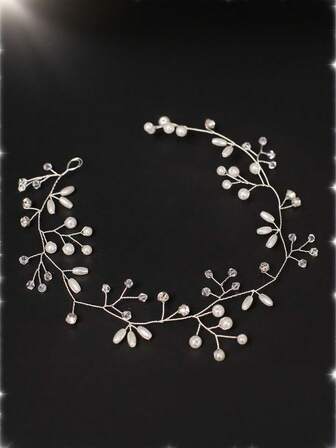 1個 手作りパール3弁フラワーソフトヘアバンド、ヘアアクセサリー、パールヘアバンド、ウェディングドレスヘアデコレーション、フラワークラウンヘアバンド