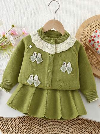 2-delat stickat set för flickor, söt stickad tröja och veckad kjol med rosettdekor, moderiktig födelsedagspresent